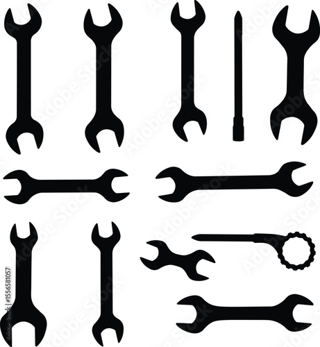 Wrench vector silhouettes: essential hand tools for mechanical, automotive, and industrial tasks, ideal for tightening and loosening bolts and nuts in diverse repair projects.