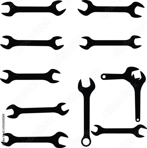 Wrench vector silhouettes: essential hand tools for mechanical, automotive, and industrial tasks, ideal for tightening and loosening bolts and nuts in diverse repair projects.