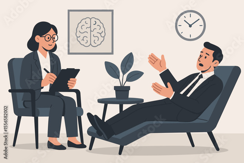 Businessman at therapy session with a female psychologist. Man lying on couch talking to a psychotherapist. Mental health care, counseling and psychology support concept.