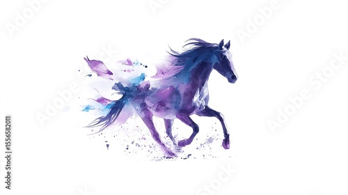 A spirited horse runs free its watercolor mane flowing like a dream showcasing the power of art with a clean white