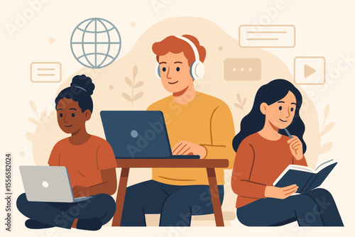 Online education concept with diverse students. Group of young people studying with laptops and book for e-learning, webinar, or remote course. Modern flat vector cartoon illustration.
