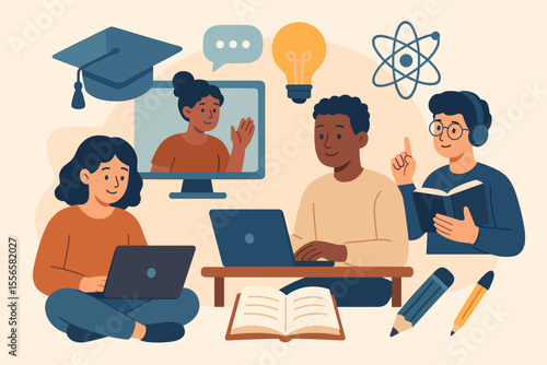 Online education, e-learning concept with diverse students. People studying remotely with laptop in virtual classroom. Distance learning, online course, webinar. Flat vector cartoon.