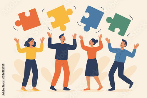 Teamwork and collaboration metaphor. Diverse business people team juggling colorful puzzle pieces. Concept of cooperation, problem solving, partnership, and project management. Flat design.