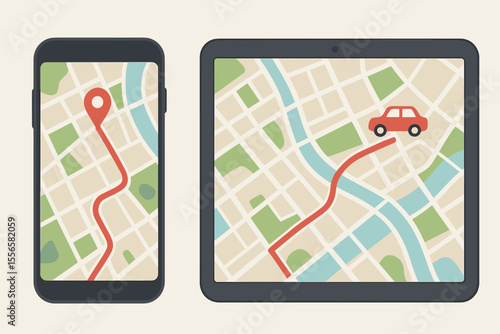 GPS navigation on smartphone and tablet. City map with route from location pin to car destination. Mobile map application for travel, direction, and tracking. Modern flat cartoon vector.