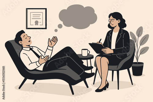 Businessman in therapy session with a psychologist. Man patient on a couch talking about problems, stress and burnout. Psychotherapy, counseling and mental health care concept.