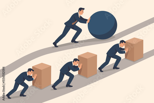 Business innovation concept. Businessman with sphere leads race against competitors pushing cubes. Smart work, efficiency, winning strategy, and competitive advantage metaphor.