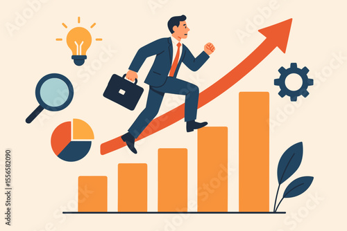 Businessman running up a growth chart arrow. Concept of career progress, business success, ambition, and corporate development. Vector illustration with analysis and idea icons.