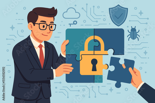 Cybersecurity concept with businessmen solving a puzzle. Teamwork for data protection and online privacy. Antivirus, firewall, and network security solution with lock icon.