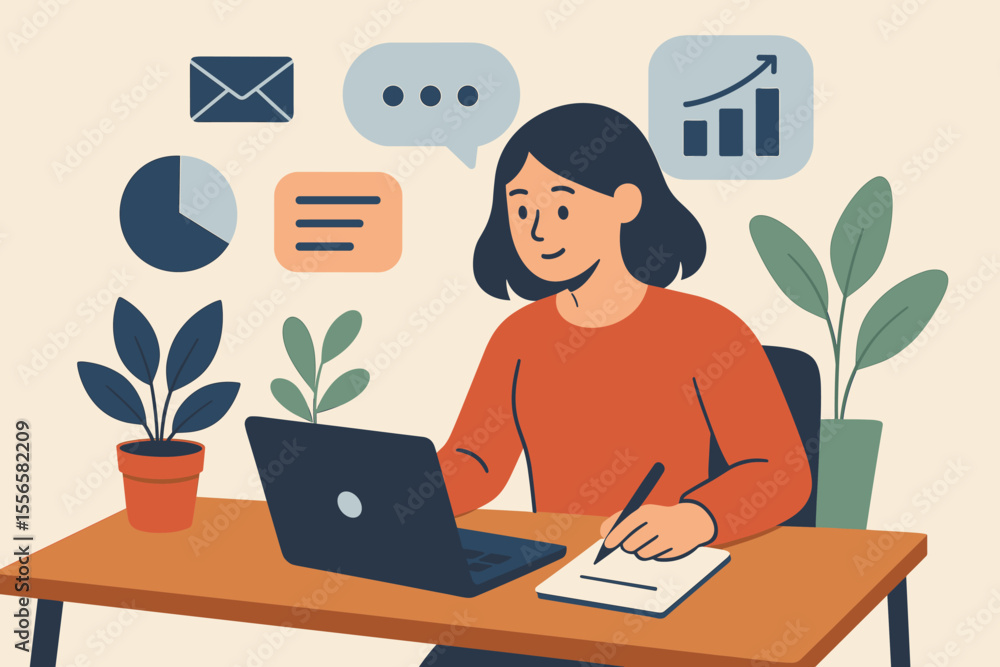 Businesswoman multitasking at her office desk with laptop and notebook. Concept for productivity, remote work, data analysis, and online education. Flat cartoon vector illustration. Businesswoman multitasking at her office desk with laptop and notebook. Concept for productivity, remote work, data analysis, and online education. Flat cartoon vector illustration.