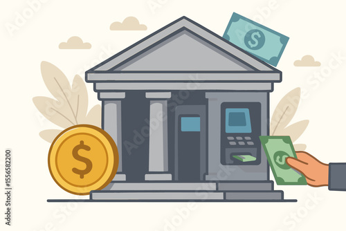 Banking and finance concept with bank building and ATM. Hand taking dollar banknote from cash machine. Financial services, money savings, investment, and economy flat vector illustration.