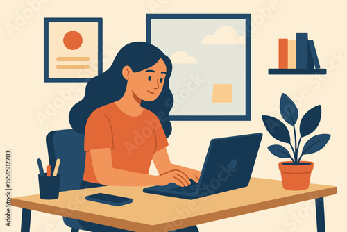 Young woman remotely working, studying, or learning online at home. Digital nomad lifestyle with laptop, cozy office. Flat vector cartoon illustration.