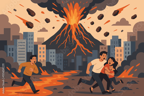 Volcanic eruption disaster in city. Panicked people and family escaping from lava flow and falling rocks. Natural catastrophe, apocalypse, and evacuation vector concept illustration.