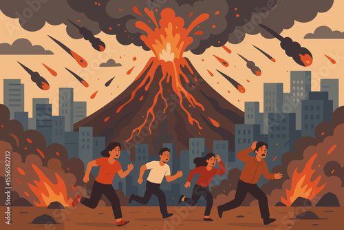 Cataclysmic volcanic eruption in a city. People flee in panic from lava, fire, and falling meteorites. Concept of natural disaster, apocalypse, survival, and destruction. Flat cartoon vector.