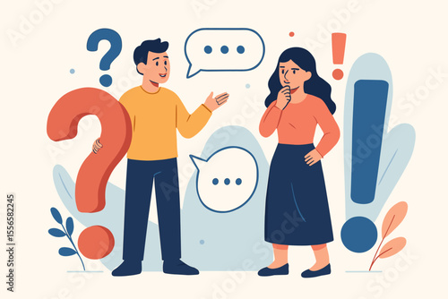 FAQ concept vector illustration. Man with giant question mark asks question, woman finds solution with exclamation mark. Metaphor for support, Q&A, problem solving, help desk.