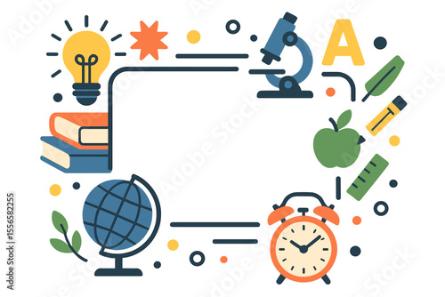 Back to school vector banner template. Modern flat illustration frame with education icons. Globe, books, microscope, apple for learning, knowledge, and science concept background.