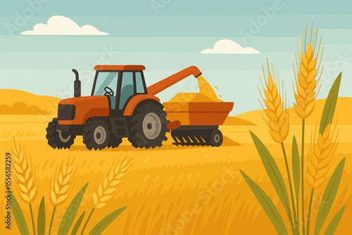 Agricultural tractor harvesting grain in a farm field. Modern machinery collecting wheat, rye, or barley crop during the autumn harvest season. Flat cartoon vector illustration.