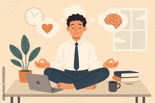 Office worker meditating at desk. Mindfulness at work, stress relief, emotional balance, mental health benefits, productivity boost, wellness break, modern workplace wellness concept illustration