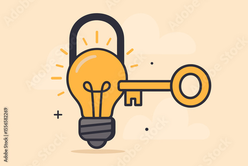 Creative idea key to success vector illustration. Light bulb locked with key. Innovation unlocks potential. Symbol of inspiration, brainstorming, solution, energy, creativity, breakthrough concept.