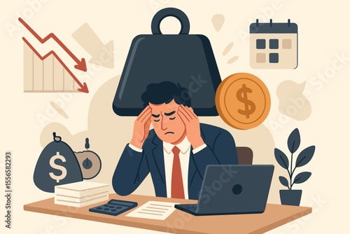 Financial crisis stress concept. Overwhelmed office worker under debt burden, economic downturn, business bankruptcy, unpaid loans, money loss, declining profits, flat vector illustration