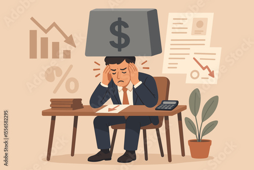 Financial crisis stress concept. Office worker overwhelmed by debt, bankruptcy, economic downturn, unpaid loans, falling profits, interest rates, business failure. Modern flat vector illustration