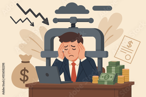 Economic crisis stress concept. Businessman under financial pressure at office desk. Debt, bankruptcy, unpaid loans, money loss, headache, financial problems, stress, depression, recession, crisis