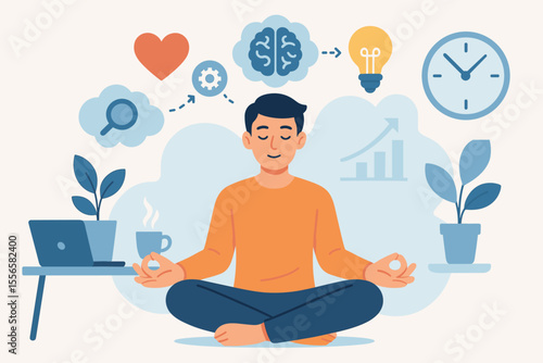 Mindfulness meditation for productivity and mental health. Office worker practicing yoga for stress relief, focus, motivation, personal growth, goal achievement, time management, work-life balance