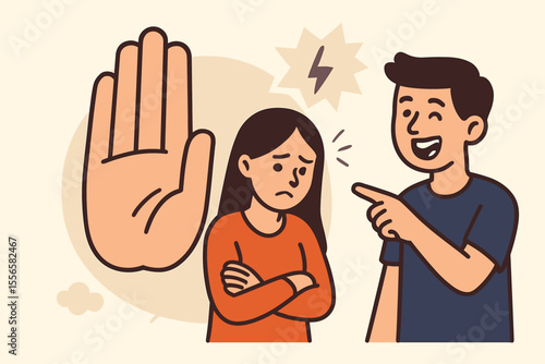 Bullying and Verbal Abuse Prevention Concept. Stop Mocking Gesture. Conflict Resolution, Social Issues, Harassment Awareness. Cartoon Vector Illustration of Argument, Aggression, Hand Stop Sign