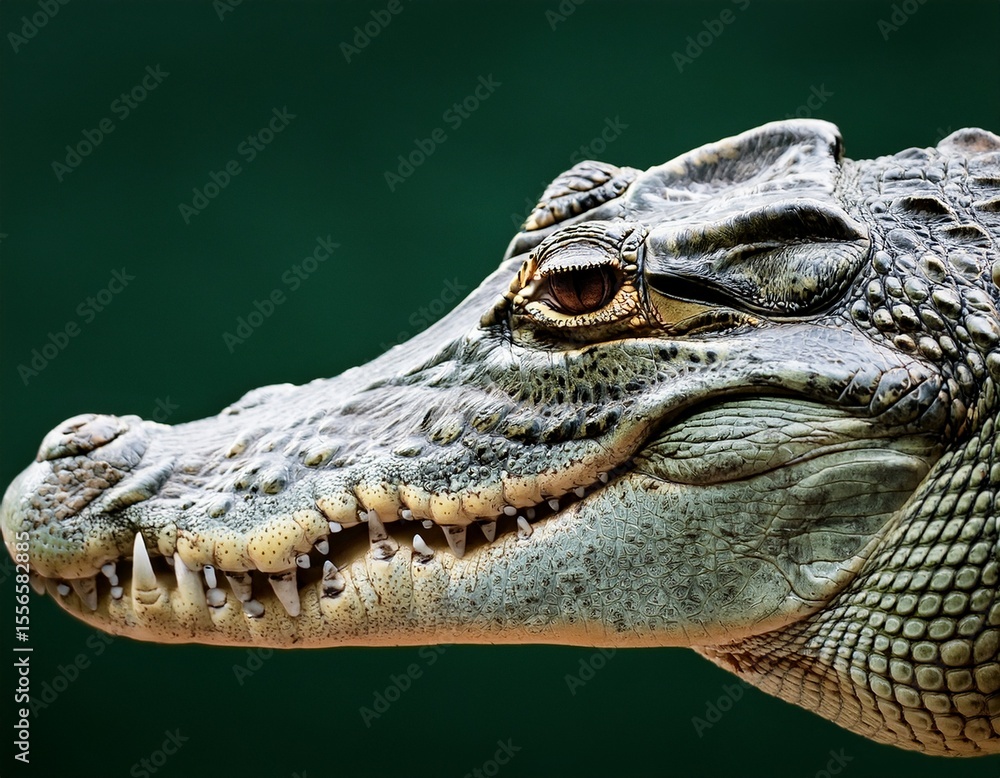 Obraz premium crocodile head close up against dark green background