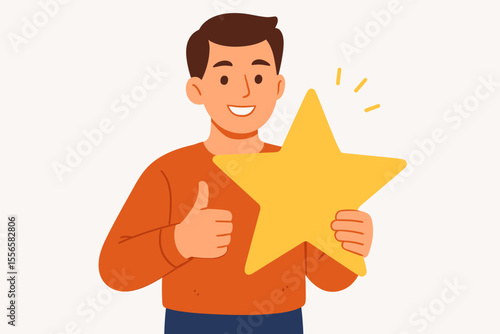 Cartoon man holding large yellow star and showing thumbs up. Five star rating, positive feedback, best performance, customer review, satisfaction, quality evaluation, reward concept illustration