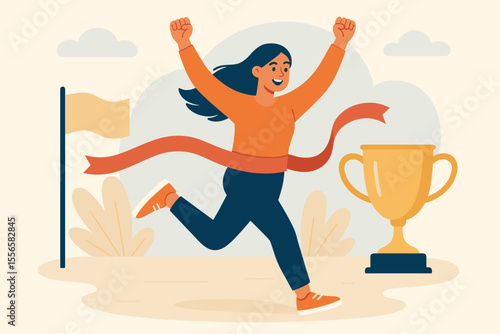 Vector illustration of woman crossing finish line first, celebrating victory, achieving success, winning race, leadership, motivation, goal achievement, sports competition, trophy reward concept