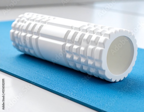 White foam roller on blue mat