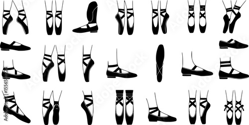 Ballerina footwear icons set. Collection of various pointe shoe icons, showcasing different styles and positions, ideal for dance related projects
