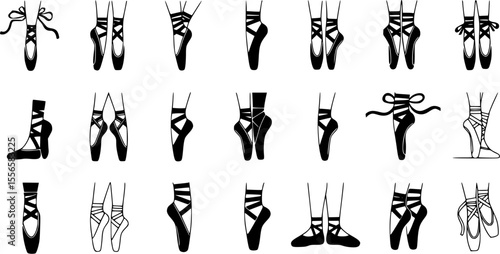 Ballerina footwear icons set. Collection of various pointe shoe icons, showcasing different styles and positions, ideal for dance related projects
