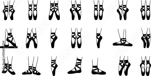 Ballerina footwear icons set. Collection of various pointe shoe icons, showcasing different styles and positions, ideal for dance related projects
