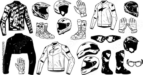 Set of various motorcycle apparel and accessories in vibrant colors
