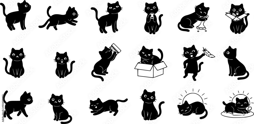 Fototapeta premium Behavior cat icons set. Adorable cats exhibiting various playful poses and activities, presented as a collection of colorful flat design icons 