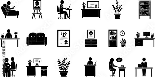 Psychologist office icons set. Psychotherapist consulting room icons showing furniture, plants, diploma, patient, and doctor
