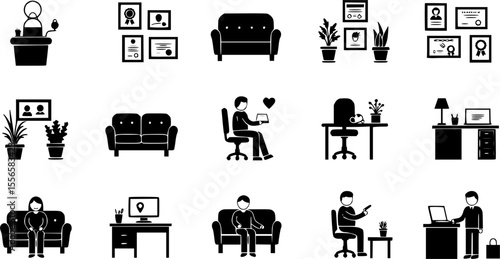 Psychologist office icons set. Psychotherapist consulting room icons showing furniture, plants, diploma, patient, and doctor
