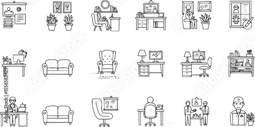 Psychologist office icons set. Psychotherapist consulting room icons showing furniture, plants, diploma, patient, and doctor
