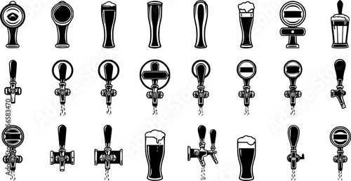 Beer taps icons set. Beer tap handles, dispensing refreshment, one pint at a time, a collection of various beer tap handles
