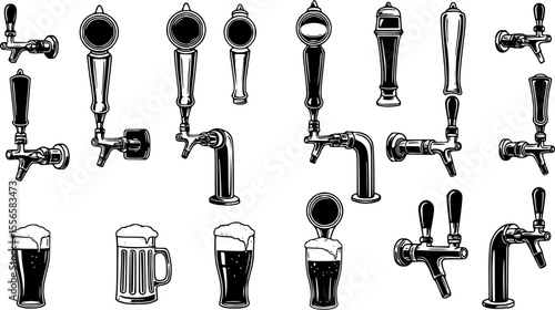 Beer taps icons set. Beer tap handles, dispensing refreshment, one pint at a time, a collection of various beer tap handles
