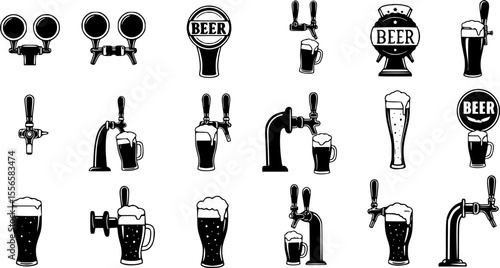 Beer taps icons set. Beer tap handles, dispensing refreshment, one pint at a time, a collection of various beer tap handles
