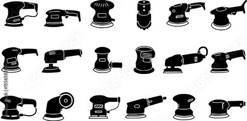 Electric sanding machine icons set. Different polishing machine icons represent various types of polishers, ideal for illustrating car detailing, woodworking, metalworking, and floor maintenance