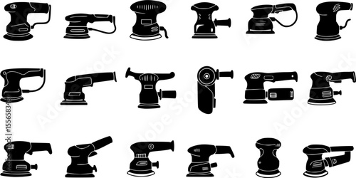 Electric sanding machine icons set. Different polishing machine icons represent various types of polishers, ideal for illustrating car detailing, woodworking, metalworking, and floor maintenance
