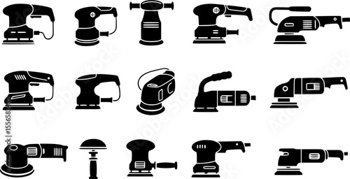 Electric sanding machine icons set. Different polishing machine icons represent various types of polishers, ideal for illustrating car detailing, woodworking, metalworking, and floor maintenance