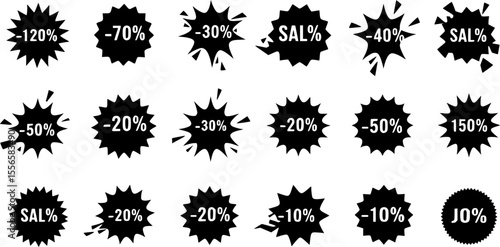 Starburst price icons set. Burst icons represent exploding and shattering objects, indicating sudden releases of energy or destruction
