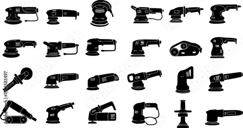 Electric sanding machine icons set. Different polishing machine icons represent various types of polishers, ideal for illustrating car detailing, woodworking, metalworking, and floor maintenance