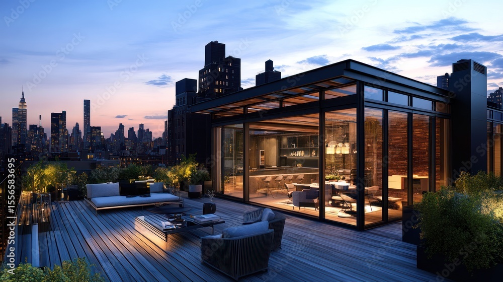 Fototapeta premium Rooftop penthouse terrace overlooking a cityscape at twilight
