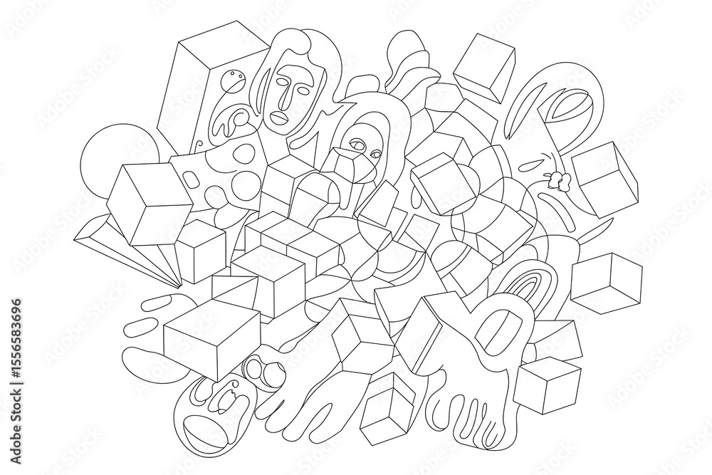 Obraz premium Abstract design of geometric shapes and faces. 