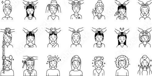 Head massage icons set. Hairdressers massaging clients' scalps, using brushes, combs, and other tools, promoting relaxation and hair health
